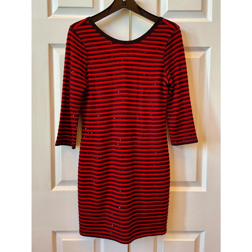 Express Red and Black Striped Long Sleeve Dress with Sparkle Size Medium